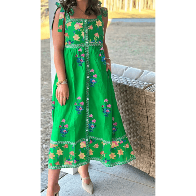 Sophy Green Floral Print Contrast Trim Knotted Straps Midi Dress