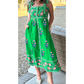 Sophy Green Floral Print Contrast Trim Knotted Straps Midi Dress