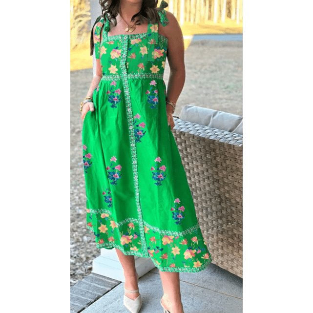 Sophy Green Floral Print Contrast Trim Knotted Straps Midi Dress