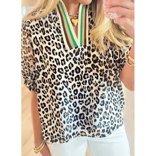 RTS Brea Khaki Leopard Color Block Contrast Striped V Neck Half Sleeve Loose Fit Blouse