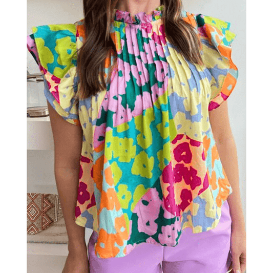 Colette Multicolour Abstract Print Pleated Flutter Sleeve Blouse