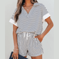 Dakota Black Stripe V Neck Tee and Casual Short Set