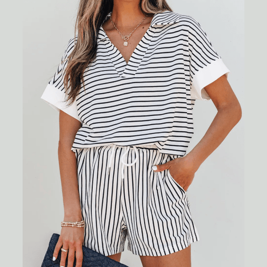 Dakota Black Stripe V Neck Tee and Casual Short Set
