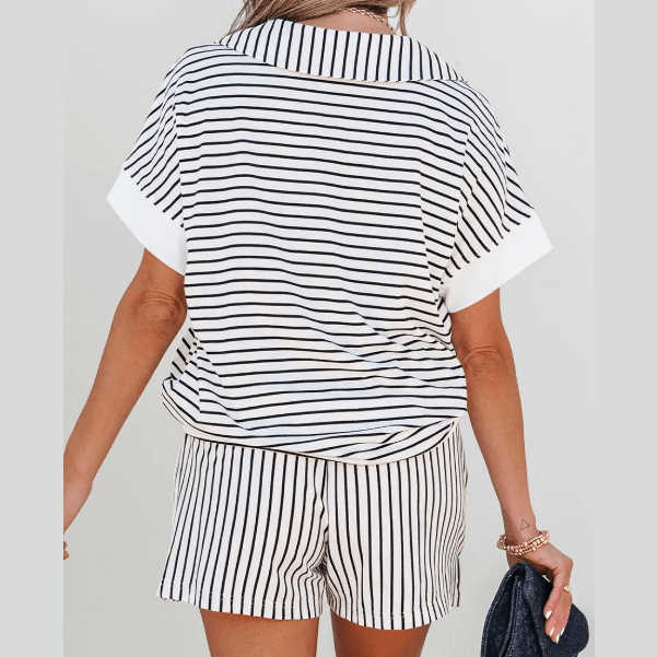 Dakota Black Stripe V Neck Tee and Casual Short Set