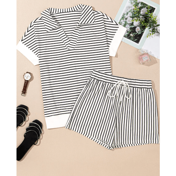 Dakota Black Stripe V Neck Tee and Casual Short Set