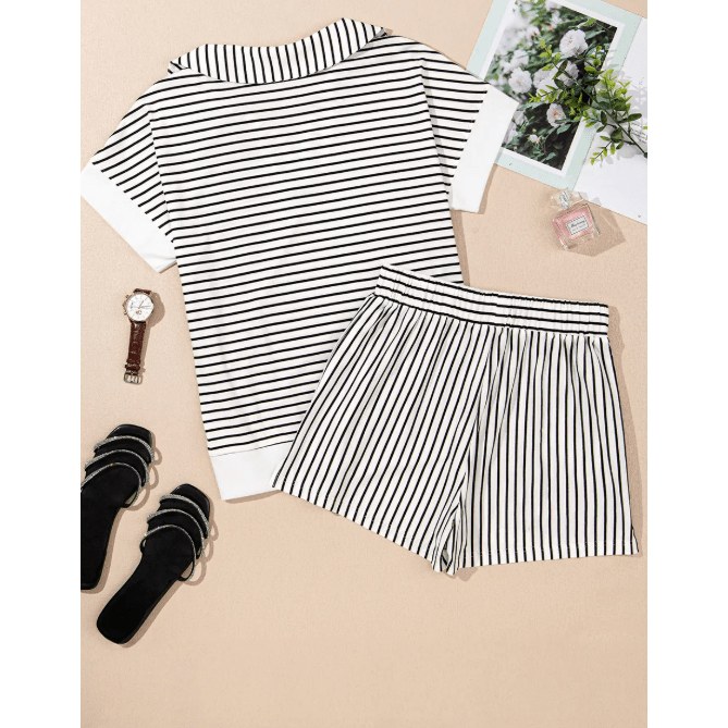 Dakota Black Stripe V Neck Tee and Casual Short Set