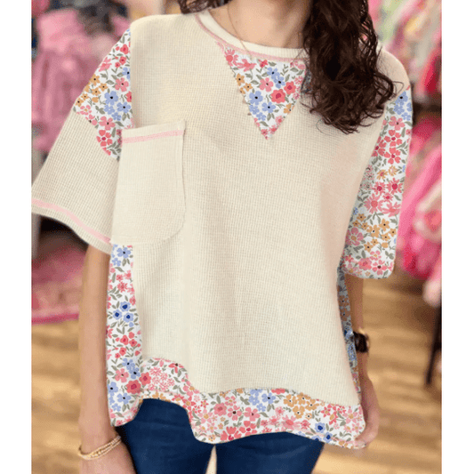 Mayella Beige Floral Patchwork Chest Pocket Wide Sleeve Waffle T Shirt