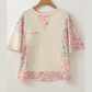 Mayella Beige Floral Patchwork Chest Pocket Wide Sleeve Waffle T Shirt