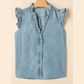 Elise Beau Blue Frilly Ruffle Trim V Neck Chambray Top