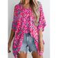Flossie Pink Abstract Print V Neck Half Sleeve Loose Fit Tunic Blouse