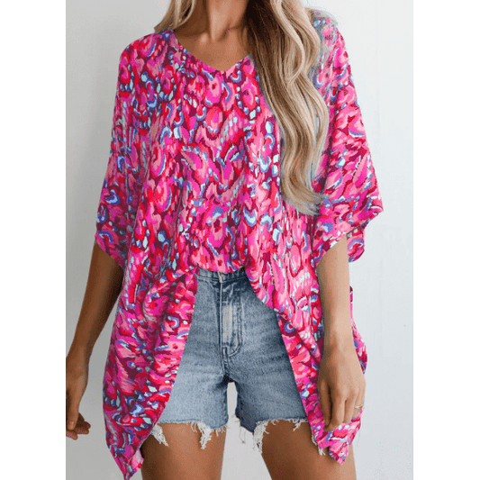 Flossie Pink Abstract Print V Neck Half Sleeve Loose Fit Tunic Blouse
