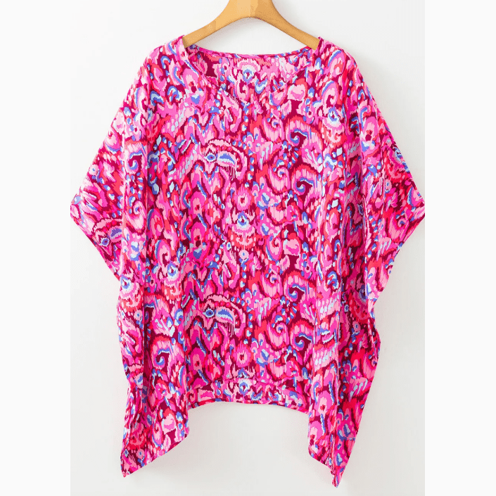 Flossie Pink Abstract Print V Neck Half Sleeve Loose Fit Tunic Blouse