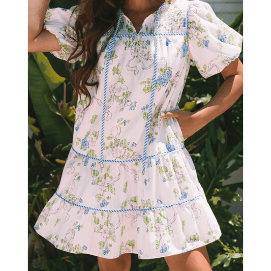RTS Pink Floral Striped Print Contrast Trim Tie Split Neck Mini Dress