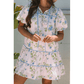 RTS Pink Floral Striped Print Contrast Trim Tie Split Neck Mini Dress