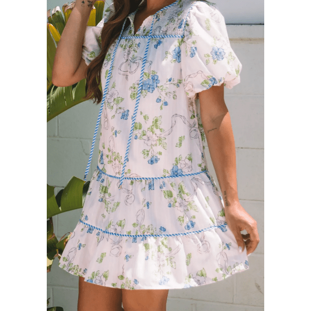 RTS Pink Floral Striped Print Contrast Trim Tie Split Neck Mini Dress