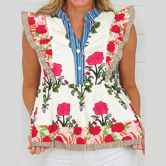SALE!!!  Leah Pink Floral Print Tie Neck Striped Detail Flutter Sleeve Blouse