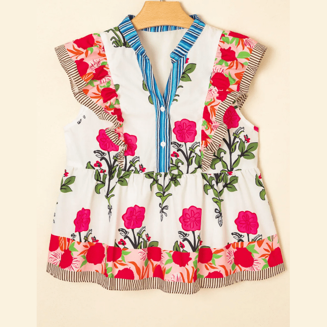 SALE!!!  Leah Pink Floral Print Tie Neck Striped Detail Flutter Sleeve Blouse