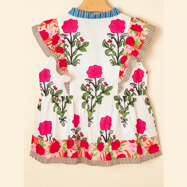 SALE!!!  Leah Pink Floral Print Tie Neck Striped Detail Flutter Sleeve Blouse