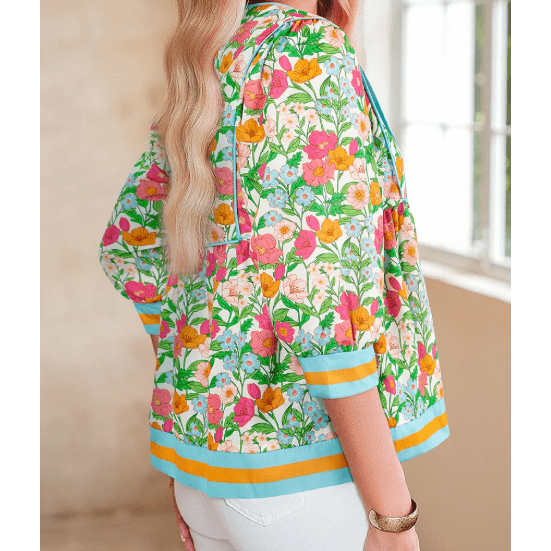 Lanelle Green Floral Print Striped Trim Tie Neck Puff Sleeve Babydoll Blouse