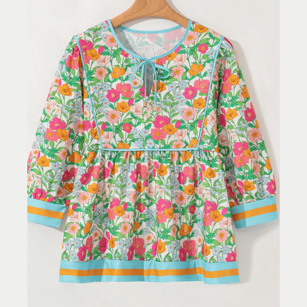 Lanelle Green Floral Print Striped Trim Tie Neck Puff Sleeve Babydoll Blouse