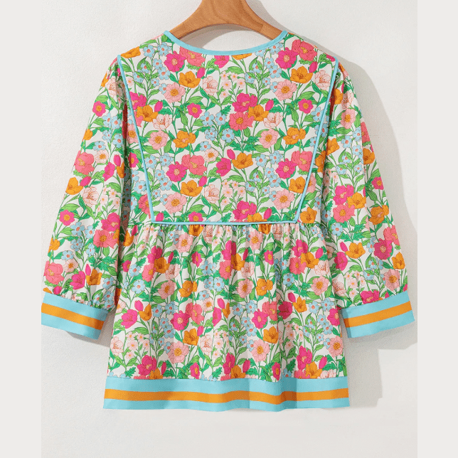 Lanelle Green Floral Print Striped Trim Tie Neck Puff Sleeve Babydoll Blouse