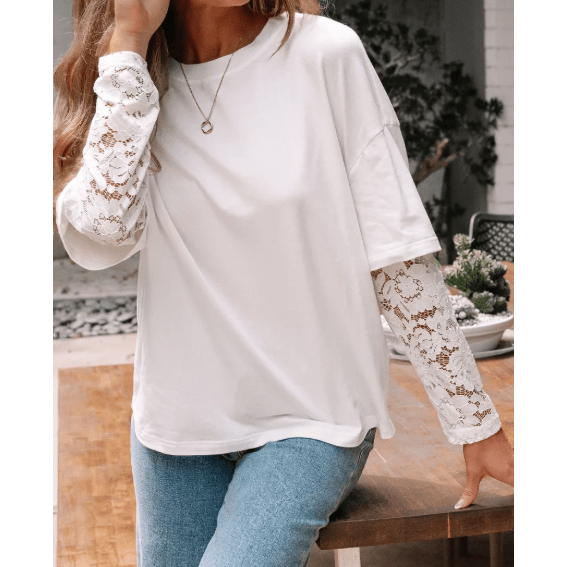 Roselle White Lace Long Sleeve Insert Drop Shoulder Tee