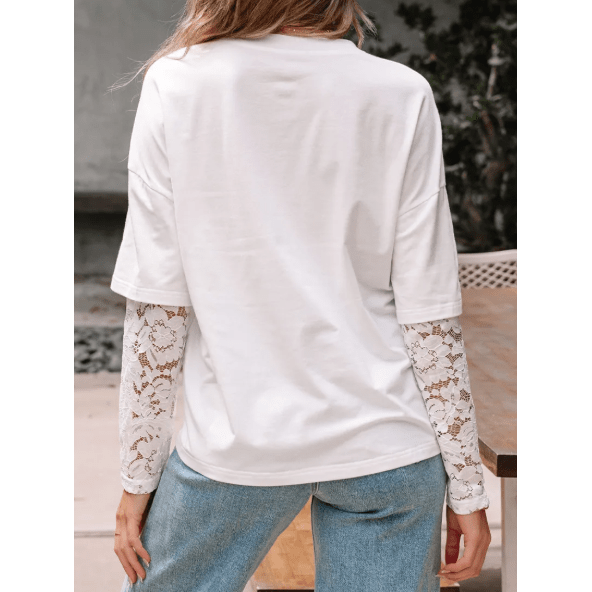 Roselle White Lace Long Sleeve Insert Drop Shoulder Tee