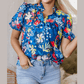 Jana Blue Flower Print Collared V Neck Puff Short Sleeve Loose Blouse