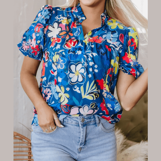 Jana Blue Flower Print Collared V Neck Puff Short Sleeve Loose Blouse