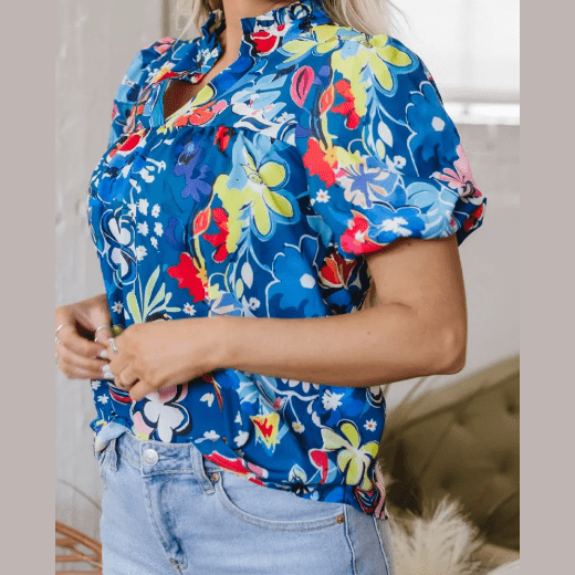 Jana Blue Flower Print Collared V Neck Puff Short Sleeve Loose Blouse