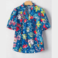 Jana Blue Flower Print Collared V Neck Puff Short Sleeve Loose Blouse
