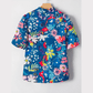 Jana Blue Flower Print Collared V Neck Puff Short Sleeve Loose Blouse