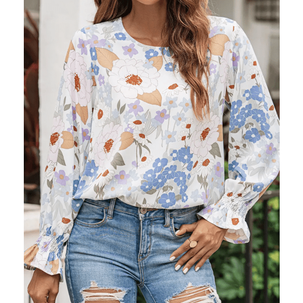 Joelinne White Floral Print Sweet Lantern Long Sleeve Blouse