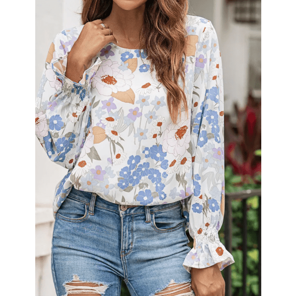 Joelinne White Floral Print Sweet Lantern Long Sleeve Blouse