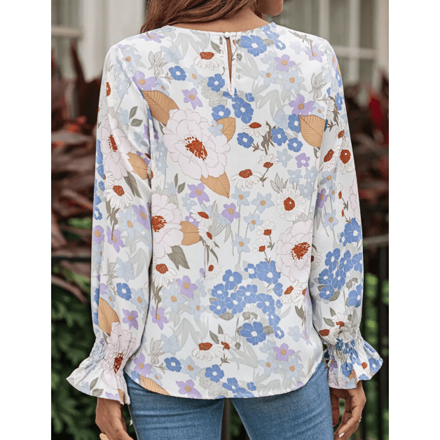 Joelinne White Floral Print Sweet Lantern Long Sleeve Blouse
