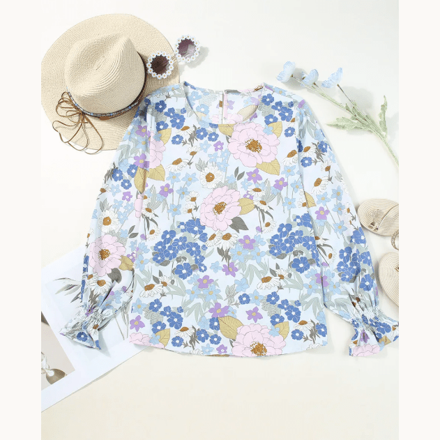 Joelinne White Floral Print Sweet Lantern Long Sleeve Blouse