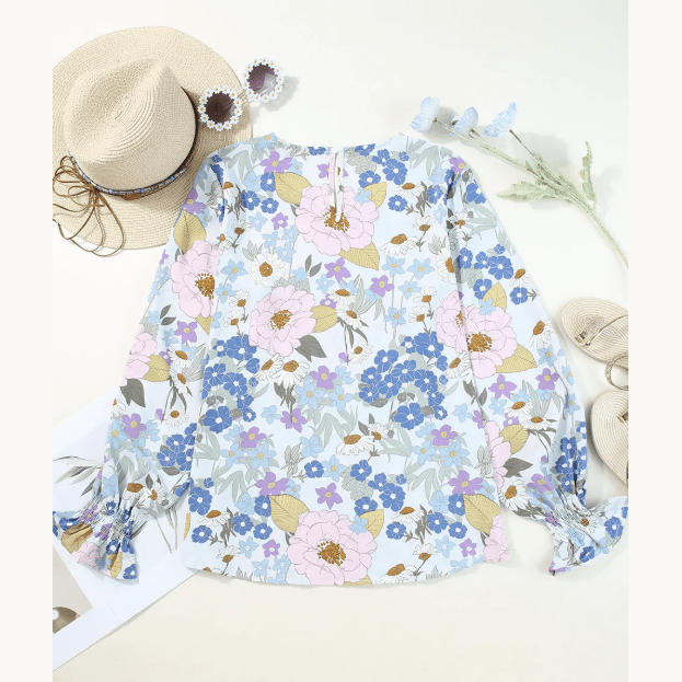 Joelinne White Floral Print Sweet Lantern Long Sleeve Blouse