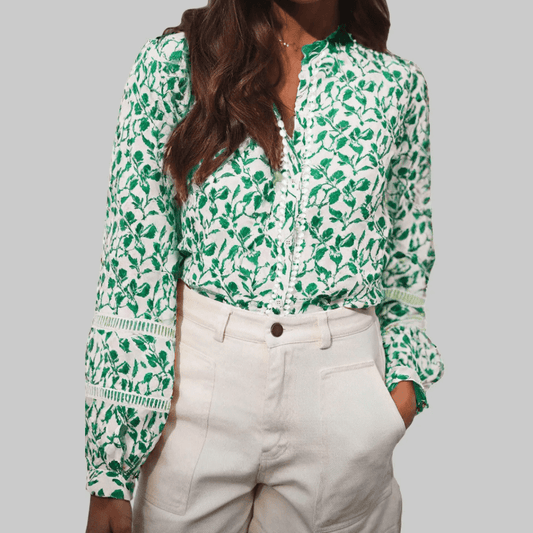 Julee Green Printed Lace Detail Floral Puff Sleeve Fall Shirt