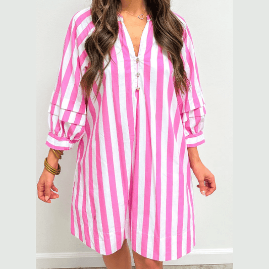 Rowan Stripe Bracelet Sleeve Buttons Loose Mini Dress