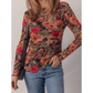 Ruthie Multicolor Floral Print Lettuce Trim Long Sleeve Mesh Top