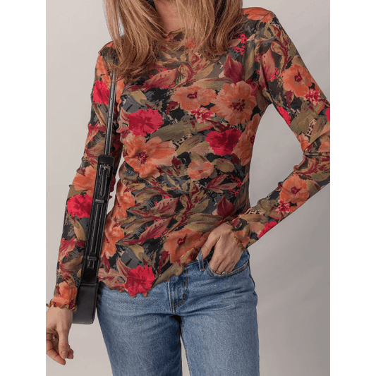 Ruthie Multicolor Floral Print Lettuce Trim Long Sleeve Mesh Top
