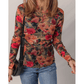 Ruthie Multicolor Floral Print Lettuce Trim Long Sleeve Mesh Top