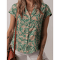 Talma Green Floral Print Pleated Buttoned V Neck Short Sleeve Blouse