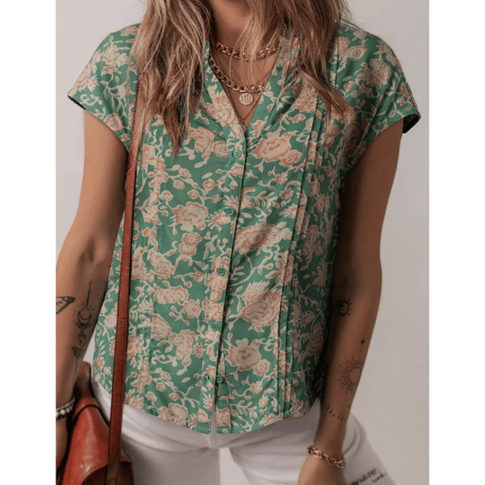 Talma Green Floral Print Pleated Buttoned V Neck Short Sleeve Blouse