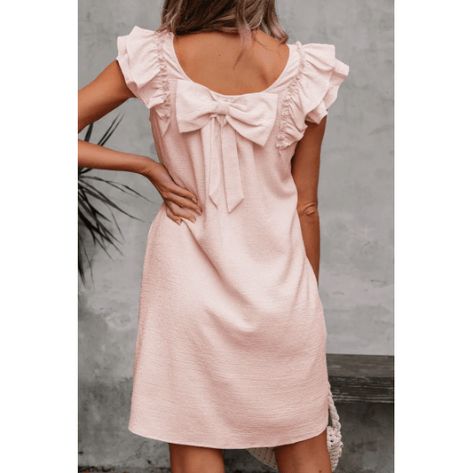 Rosalina Pink Textured Flutter Sleeve Square Neck Bow Back Mini Dress