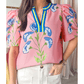 RTS Cynda Pink Floral Print Striped Notched V Neck Bubble Sleeve Blouse