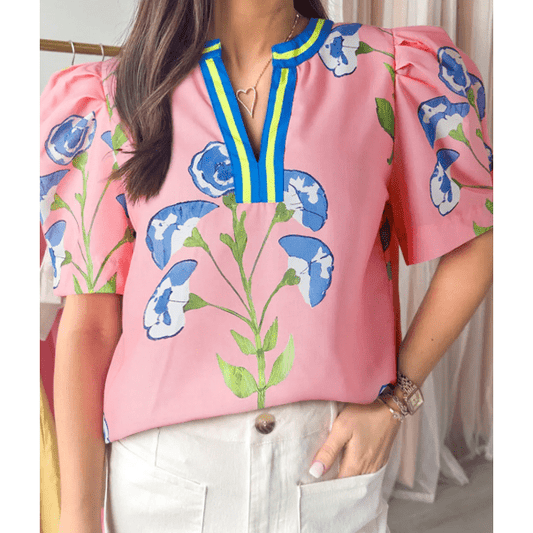 Cynda Pink Floral Print Striped Notched V Neck Bubble Sleeve Blouse