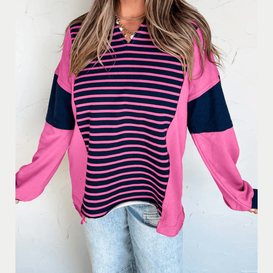 Elva Pink Stripe Color Block V Neck Loose Fit Long Sleeve Top