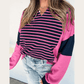Elva Pink Stripe Color Block V Neck Loose Fit Long Sleeve Top