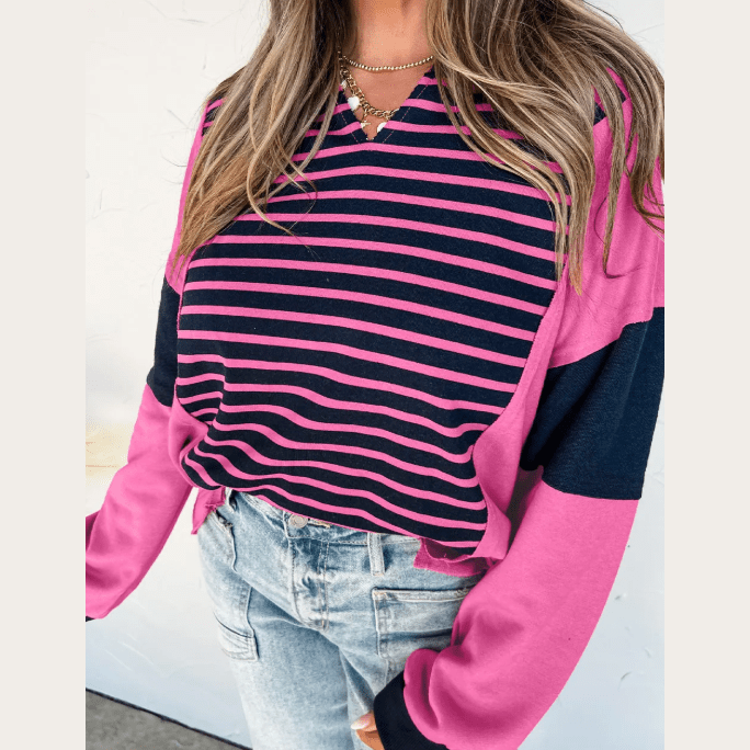 Elva Pink Stripe Color Block V Neck Loose Fit Long Sleeve Top